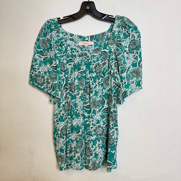 2/$25 Loft Turquoise Blue Floral Smocked Modest Paisley Feminine Blouse Medium - Picture 4 of 11